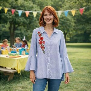 Relativity Embroidered Bell Sleeve Cotton Button-Down Top Size XL